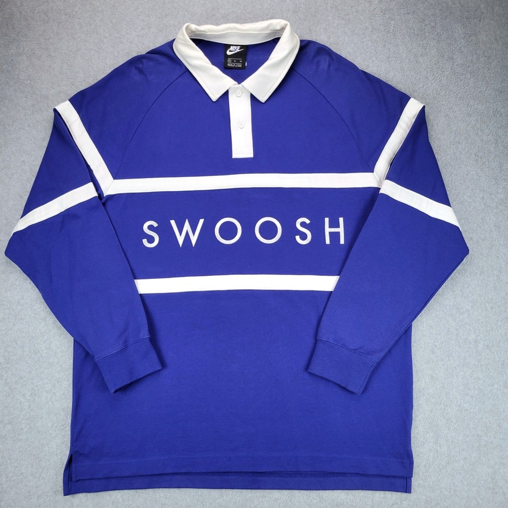Nike Rugby Polo Mens XL Blue White Swoosh Stripe Long Sleeve CV0169-455